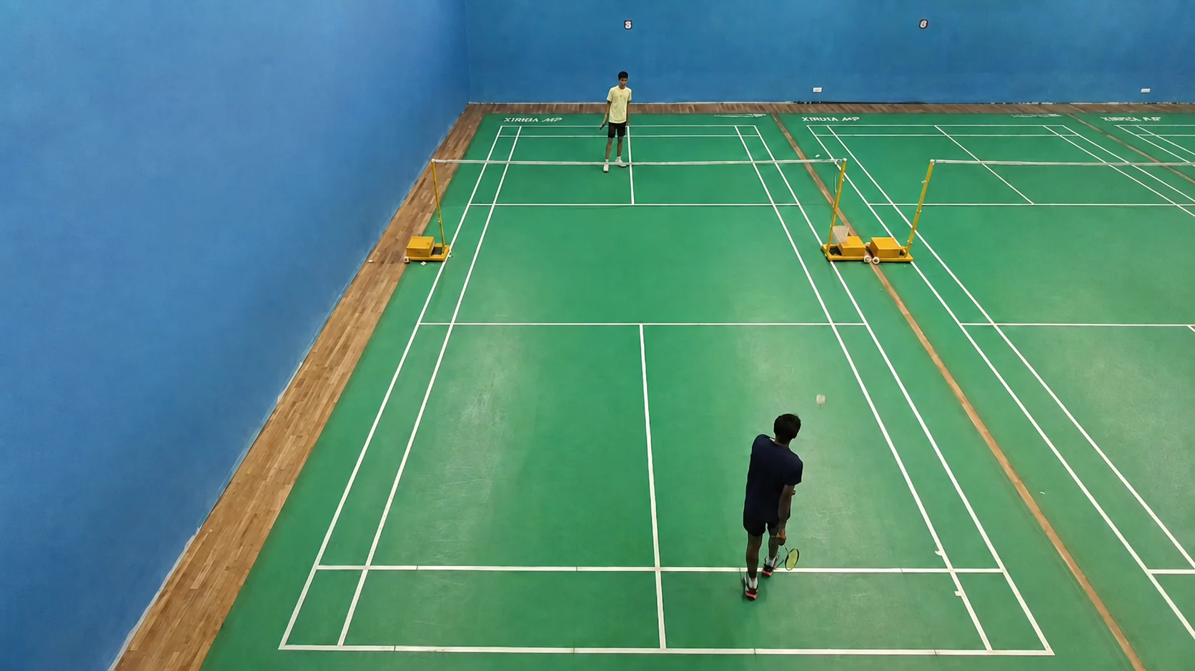 A high-angle badminton court view for video analysis