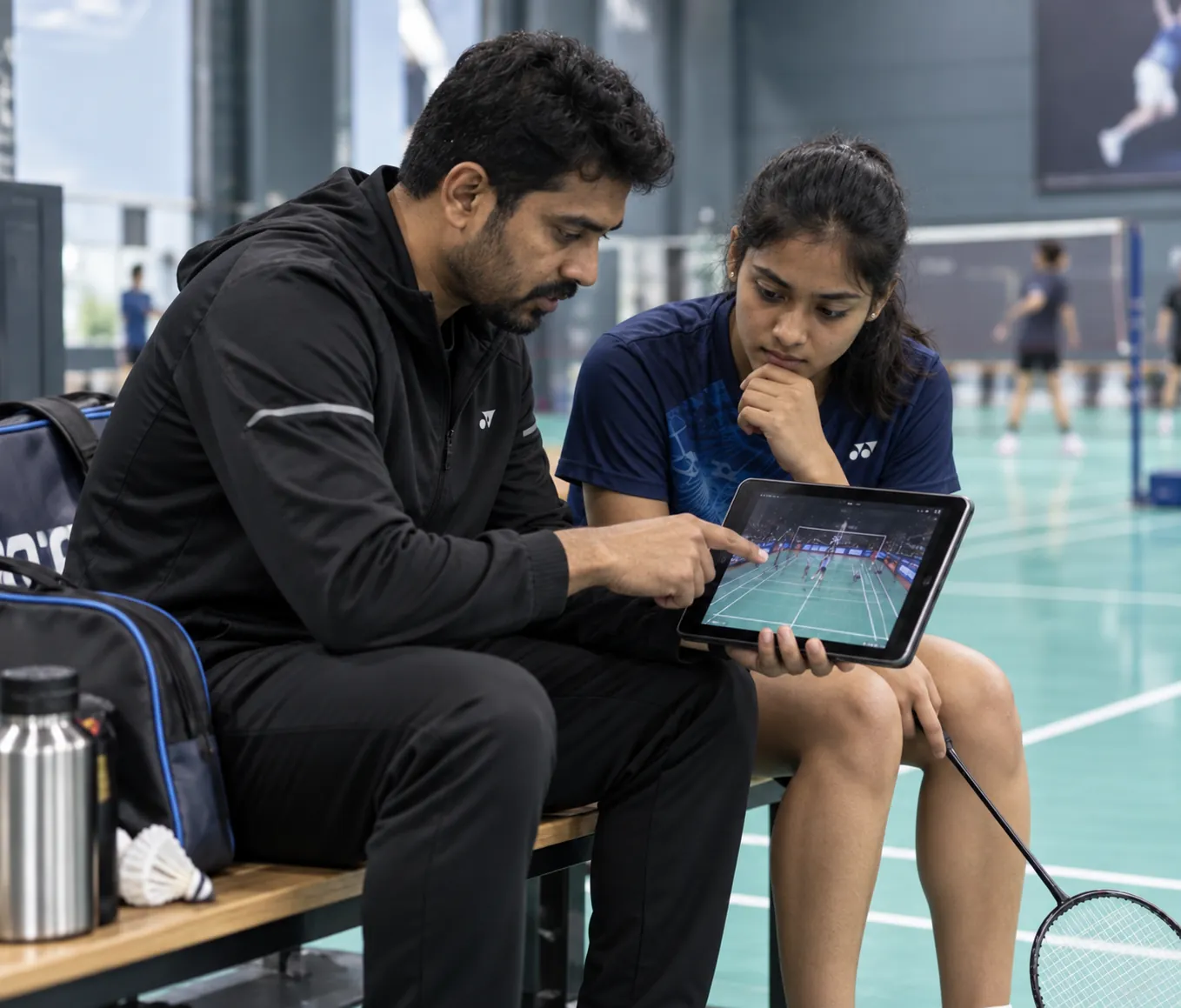 Coach reviewing match analytics with a badminton player